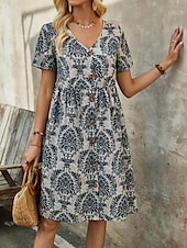 ieftine Rochii Boho-Pentru femei Rochie Mini Rochie casual Rochie Boho Epocă Casual Zilnic Fit regulat Floral Manșon scurt În V Albastru piscină Maro Trifoi Vară Primăvară Toamnă