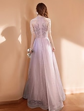 baratos Semi-formal / Cocktail-Vestidos de Formatura A-Line Vestido Vintage Formal Formatura Comprimento de Chão Sem Mangas Gola Alta Tule com Glitter e Franjas