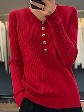 economico Colori solidi-Per donna Pullover Maglione Moda Informale Morbido Tinta unica A coste A V Bottoni Manica lunga Top regolari Maglia Esterno Giornaliero Per uscire Nero Bianco Autunno Inverno