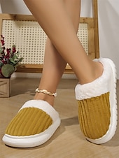cheap Women&#039;s Slippers &amp; Flip-Flops-Women&#039;s Mustard Yellow Indoor Slippers with Faux Fur Lining, Ribbed Design, and Anti-Slip Sole – Cozy and Warm for Winter
