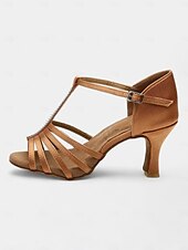 abordables Chaussures de danses latines-chaussures de danse latine pour femmes avec bride en T en strass et semelle en daim souple | talons chaton à bout ouvert en satin pour la salle de bal et la salsa