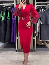 cheap Work Dresses-Women&#039;s Casual Dress Midi Dress Patchwork With Belt Casual V Neck Long Sleeve Red Color