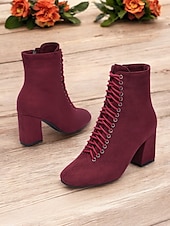 preiswerte Stiefeletten-Burgunderfarbene Damen-Schnürstiefeletten mit Blockabsatz – schickes und wandlungsfähiges Schuhwerk für Herbst-Outfits und Freizeit