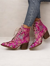 economico Stivali alla caviglia-stivaletti allacciati con ricami floreali da donna - in raso rosa acceso con tacco spesso per outfit casual, da festa o boho-chic