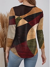 cheap Stripe&amp;Geometric tee-Women&#039;s T shirt Long Sleeve Crew Neck Long Sleeve Tunic Modern Casual Geometric Print Regular Tops Daily Wine Light Brown Blue Orange Brown Fall Winter Prefall