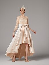 preiswerte Bodenlänge-A-Linien Kleid Mutter der Braut Kleid Elegant Plus-Size Hoch Niedrig Schmuckkragen Asymmetrisches Satin Spitze 3/4 Länge Ärmel Bodenn Länge mit Schärpe  Bandapplikationen