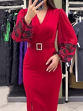 cheap Work Dresses-Women&#039;s Casual Dress Midi Dress Patchwork With Belt Casual V Neck Long Sleeve Red Color