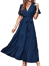 billige Arbeidskjoler-kvinners ensfarget slips foran v-hals lang kjole maxi kjole elegant bohemia fest daglig sommer