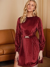 economico vestito da festa-Mini abito girocollo in velluto a maniche lunghe