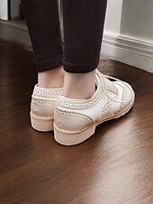 cheap 1930s-Women&#039;s Beige and White Oxford Brogue Shoes - Vintage Lace-Up Low Heel Casual Shoes for Everyday Wear