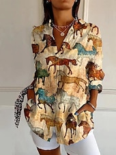 preiswerte Hemden-Damen Hemd Leinen-inspirierte Hemden Knopfleiste Grafik Tiermotiv Vintage Western Ethnisch Langarm Hemdkragen Normale Oberteile Urlaub Party Arbeit Knöpfe Druck Schwarz Gelb Marineblau Khaki Beige