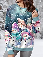 billige hettegensere og gensere-damegenser tilfeldig polyester snømann street dailywear rund hals trykk lange ermer blå høst vinter