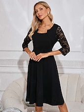 levne černé mini šaty-Dámské Černé šaty Midi šaty Krajka Elegantní Hranatý Dlouhý rukáv Černá Barva