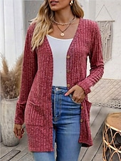 preiswerte Freizeitjacken-Damen Strukturjacke Strickjacke lässig einfarbig schlicht gerippt asymmetrisch V-Ausschnitt Tasche Knöpfe gedreht Langarm Normal Tops Strick Alltag Wein Armeegrün Frühling Herbst