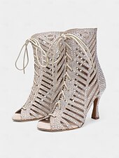 abordables Chaussures de danses latines-bottes de danse en maille à lacets et strass pour femmes - chaussures de performance à talons hauts et à bout ouvert pour la danse de salon et la danse latine