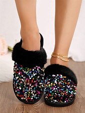 preiswerte Damenslipper &amp; Flip-Flops-Schwarze, mit Pailletten und Fell gefütterte Damen-Hausschuhe mit mehrfarbigem Glitzer und bequemer Sohle – ideal für Luxus und Wärme in Innenräumen