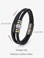 baratos Jóias Masculinas-pulseira masculina de couro trançado com detalhes em contas de metal – pulseira preta elegante de camada dupla com fecho magnético