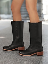 levne Cowboy &amp; Western Boots-dámské hnědé westernové kovbojské boty z umělé kůže - výška do půl lýtek s naskládaným podpatkem pro ležérní outfity a outfity ve venkovském stylu