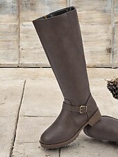 baratos Botas da moda-botas femininas marrons de cano alto com zíper lateral e fivela, salto baixo e design durável – perfeitas para uso casual e ao ar livre