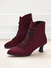 cheap Vintage Boots-Women&#039;s Burgundy Lace-Up Victorian Ankle Boots – Elegant Suede Heeled Footwear for Formal Occasions and Vintage Style