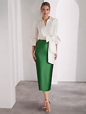 tanie Sukienki koktajlowe-Sukienki koktajlowe typu sheath  kolumnowe plażowe wesele elegancka sukienka formalna Walentynki tea length półrękaw kołnierzyk różowa sukienka satyna z kokardami