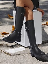 cheap Fashion Boots-Women&#039;s Black Knee-High Riding Boots with Buckle Straps and Low Heel – Classic Equestrian Style Boots for Everyday and Outdoor Wear