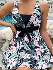 billiga Badessor-Dam Badkläder Tankini 2 st Kaxig Baddräkt Öppen rygg Magkontroll Hög midja Smal Semester Standkläder Blommig Halterneck Ärmlös Baddräkter