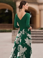 cheap Floor Length-A-Line Evening Gown Elegant Dress Formal Wedding Guest Floor Length 3/4 Length Sleeve V Neck Chiffon with Floral Print Race Day Dress Wedding Guest Dress