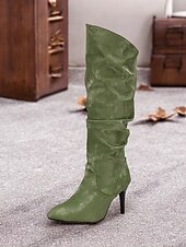 olcso Slouch Boots-női, ezüst színű, domború térdig érő csizma – stílusos hegyes orrú csizma tűsarkúval a divatos megjelenésért