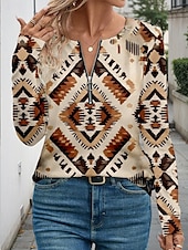 halpa Boho t-paita-Naisten T-paita Geometrinen Vintage Vapaa-aika Pitkähihainen V kaula-aukko Tavalliset topit Päivittäin Vetoketju Painettu Khaki 봄 &amp; Syksy