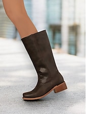 levne Cowboy &amp; Western Boots-dámské hnědé westernové kovbojské boty z umělé kůže - výška do půl lýtek s naskládaným podpatkem pro ležérní outfity a outfity ve venkovském stylu
