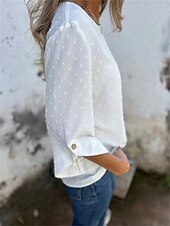 preiswerte Damen Einfache Oberteile-Damen Hemd Bluse Feste Farbe Basic Brautkleider schlicht 3/4 Ärmel Rundhalsausschnitt Normale Oberteile Täglich Knopf Weiß Herbst Winter