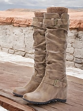 cheap Slouch Boots-Women&#039;s Distressed Tan Slouchy Knee-High Boots with Buckle Straps and Wedge Heel – Cozy Winter Boots with Knit Cuff for Casual Outfits