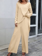 ieftine Seturi-Pentru femei Seturi inspirate de in Seturi din două piese Tricou Pantaloni cu picioare largi Manșon Lung Culoare solidă Negru Albastru piscină Kaki Primăvară Fit regulat