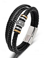 baratos Jóias Masculinas-pulseira masculina de couro trançado com detalhes em contas de metal – pulseira preta elegante de camada dupla com fecho magnético