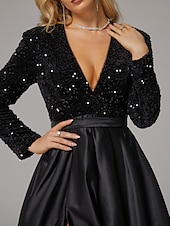 preiswerte SCHWARZ-Ballkleid Abendkleid Elegantes Kleid Hochzeitsgast Geburtstag bodenlang langärmlig V-Ausschnitt Taschensatin mit Pailletten-Tasche