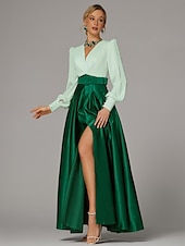 cheap GREEN-A-Line Evening Gown High Split Dress Formal Wedding Guest Floor Length Long Sleeve V Neck Fall Wedding Guest Satin with Pleats Slit