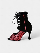 tanie Buty do tańców latynoskich-damskie sznurowane buty do tańca z odkrytymi palcami i wysokim obcasem – czerwony kwiatowy wzór z czarnym wycięciem do tańca latynoskiego i salsy