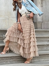 billiga Enkla kjolar-dam lång kjol maxi kjolar lapptäcke enfärgad semesterfest vår, höst, vinter, sommar elegant mode svart rosa khaki