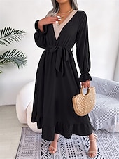 abordables Robe de cocktail-Robe casual Robe Évasée Robe Trapèze Femme Robe mi-longue Patchwork Avec ceinture Sport &amp; Loisir Plein Air Décontractées Col V manche longue Standard Noir Vin Vert S M L XL