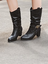olcso Slouch Boots-barna, térdig érő női csizma csatos részletekkel és blokksarkúval – klasszikus és sokoldalú lábbeli hétköznapi és őszi ruhákhoz