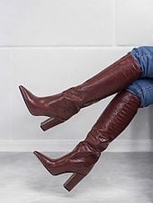preiswerte Modische Stiefel-burgunderfarbene kniehohe Stiefel mit Krokoprägung für Damen – stylische Stiefel mit spitzer Spitze und Blockabsatz für die Herbst- und Wintermode