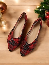 abordables Ballerines femme-ballerines à carreaux tartan rouges pour femmes – chaussures à enfiler au design noué festif pour les vacances et les tenues décontractées
