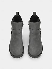cheap Ankle Boots-Women&#039;s Grey Ankle Boots – Stylish Block Heel with Strap Details, Side Zip, and Rugged Sole for Casual and Outdoor Wear