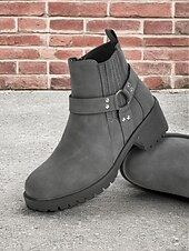 cheap Ankle Boots-Women&#039;s Grey Ankle Boots – Stylish Block Heel with Strap Details, Side Zip, and Rugged Sole for Casual and Outdoor Wear