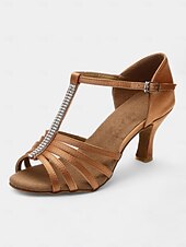 abordables Chaussures de danses latines-chaussures de danse latine pour femmes avec bride en T en strass et semelle en daim souple | talons chaton à bout ouvert en satin pour la salle de bal et la salsa
