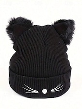 cheap Women&#039;s Hats-Women&#039;s Cute Cat Ear Beanie – Burgundy Knit Hat with Faux Fur Ears and Whisker Embroidery, Cozy and Stylish Winter Accessory