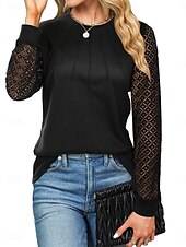 abordables Hauts en dentelle-Blouses Élégantes en Dentelle Top en Dentelle à Oeillets Décontractée Couleur Unie Regular Tops Manches Longues Col en V Dentelle Patchwork Ajustement Normal Quotidien Noir Vin Romantique Petits Tops
