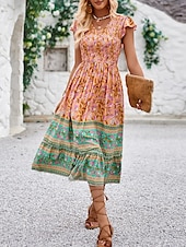 ieftine Rochii Boho-Pentru femei Rochii Midi Rochie casual Rochie leagăn Rochie A line Rochie Boho Casual Zilnic Fit regulat Floral Manșon scurt În V Negru Portocaliu Vară Primăvară