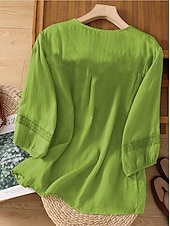 preiswerte Hemden-Damen Hemd Leinen-inspirierte Hemden Einfarbig Blumen Lässig Boho Dreiviertelarm Ellbogenärmel V Ausschnitt Normale Oberteile Urlaub Party Täglich Bestickt Gras-Grün Purpur Herbst Frühling &amp; Sommer